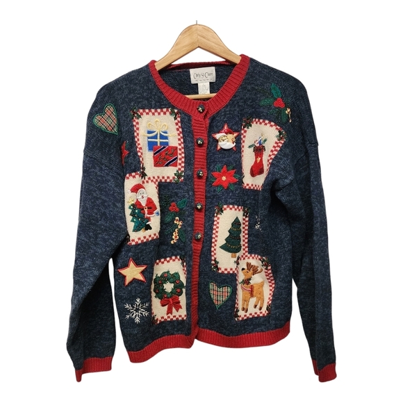 🎄 Vintage 90s Festive Holiday cardigan Sweater with Red Trim - Picture 1 of 8